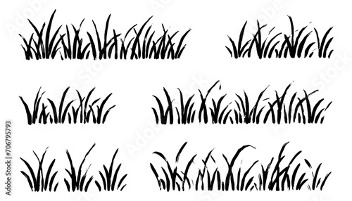 Grass doodle ink brush sketch set. Hand drawn vector grass field grunge texture brush background. Doodle herb, organic pattern elements. Vector illustration