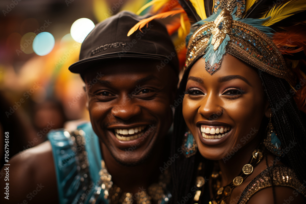 Fototapeta premium Pareja de amigos gozan con alegría el carnaval y las fiestas.