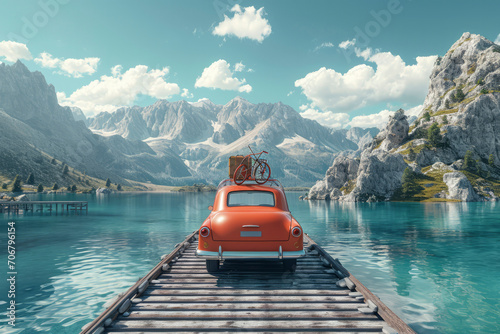 A cute little retro car with a suitcase and a bicycle on top going along the road along a beautiful pier between mountains on a hot summer day photo