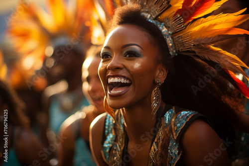 Mujer afrodescendiente con expresión de felicidad, vestida con atuendo de carnaval disfruta e las festividades. photo