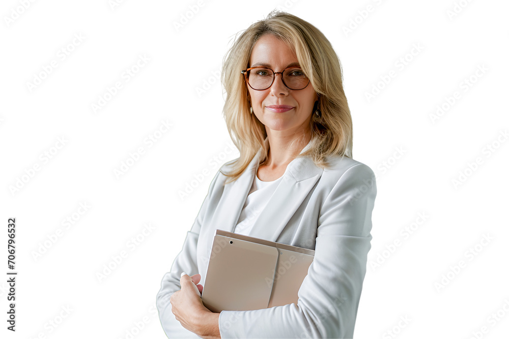 Isolated 40s female executive or entrepreneur holding fintech tab digital tablet standing in office at work on white Isolated 40s female executive or entrepreneur holding fintech tab digital tablet standing in office at work on white