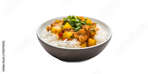 30-degree view of traditional fresh curry with rice fill in the white bowl and garnish with green leaf with transparent background