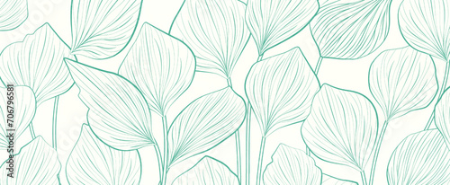 Botanical abstract art background with tropical leaves in green or blue line art style. Vector pattern of exotic plants for wallpaper, decor, print, textile, interior design. © VectorART