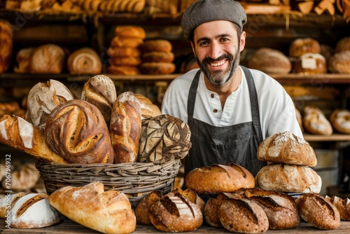 Baker with a selection of artisanal bread, smiling warmly, on a rustic earth-toned canvas