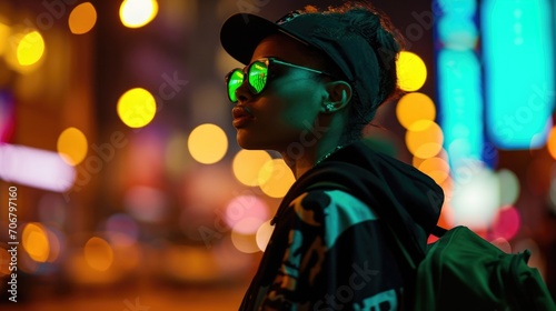 Fashionforward Make a bold fashion statement with these neon green sunglasses paired with a statement black and green graphic hoodie and utilitarian cargo pants.