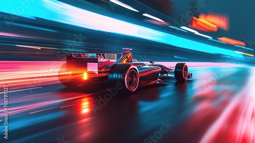 Fast racing car with racer driving along the street with blurred lights and neon. Evening race. Concept of motor sport, racing, competition, speed, win, success, power