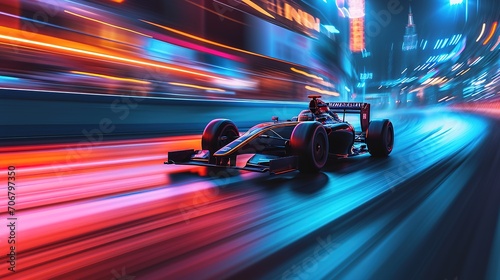 Fast racing car with racer driving along the street with blurred lights and neon. Evening race. Concept of motor sport, racing, competition, speed, win, success, power © Jennifer