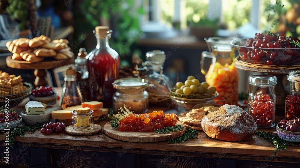 Taste of Moravia - pernice, jams, cheese, biscuits, pickled mushrooms, vejmrda, pate, Moravian wine in handmade glass bowls and glassesPhotorealistic