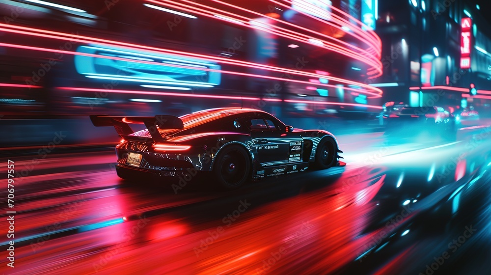 Fast racing car with racer driving along the street with blurred lights and neon. Evening race. Concept of motor sport, racing, competition, speed, win, success, power Fast racing car with racer driving along the street with blurred lights and neon. Evening race. Concept of motor sport, racing, competition, speed, win, success, power