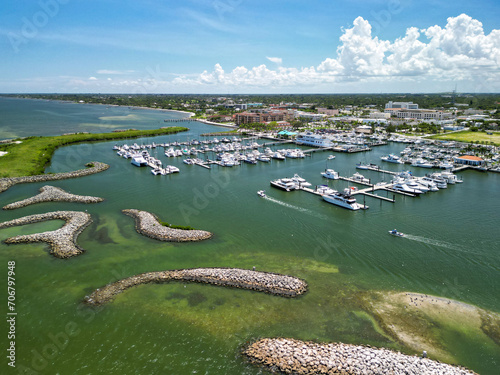 Rock jetties protecting the downtown Fort pierce boat harbor on the Treasure Coast of Florida in St. Lucie County	
