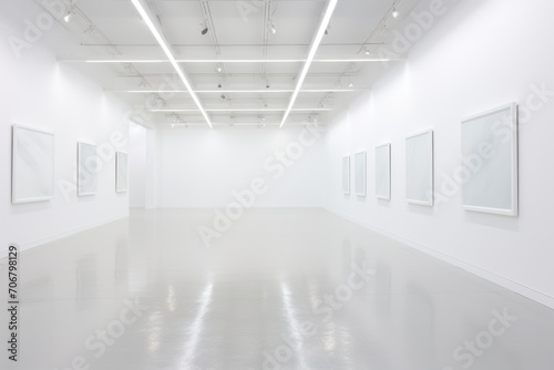 An art gallery with beautiful paintings displayed on  white walls  photo