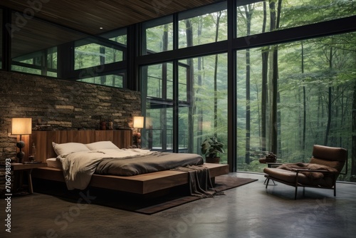 bedroom in a dark wood and glass brutalist modern home in the woods 