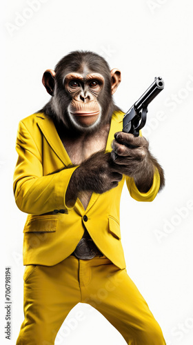 a monkey hold a gun in white background. Generative AI.