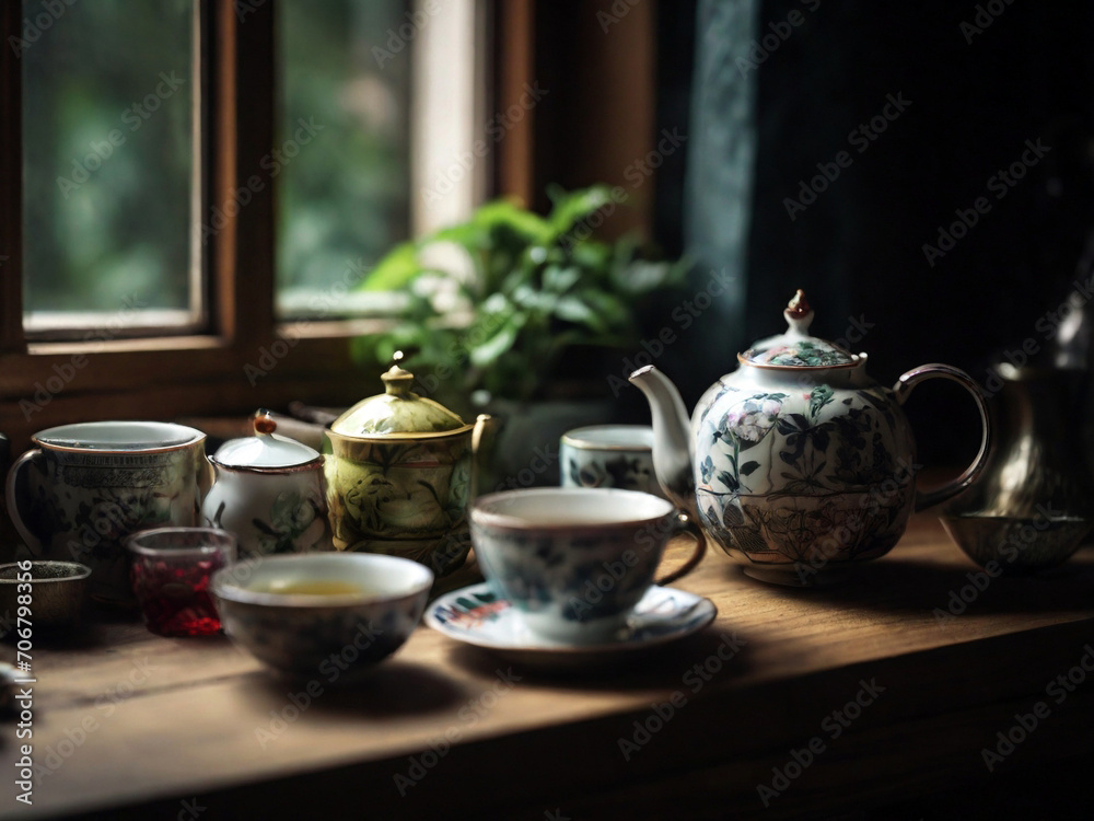Tea set on a wooden table in a rustic style, selective focus. Created using generative AI tools Tea set on a wooden table in a rustic style, selective focus. Created using generative AI tools