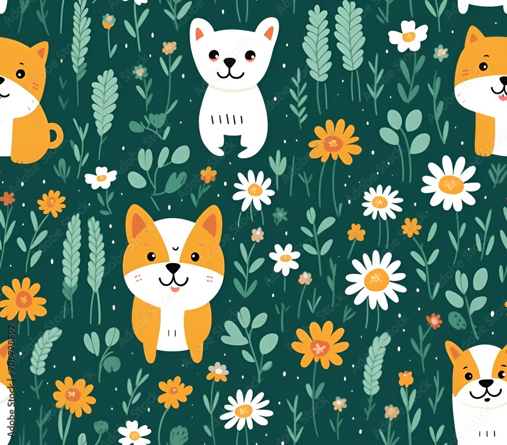 seamless pattern with cats and flowers