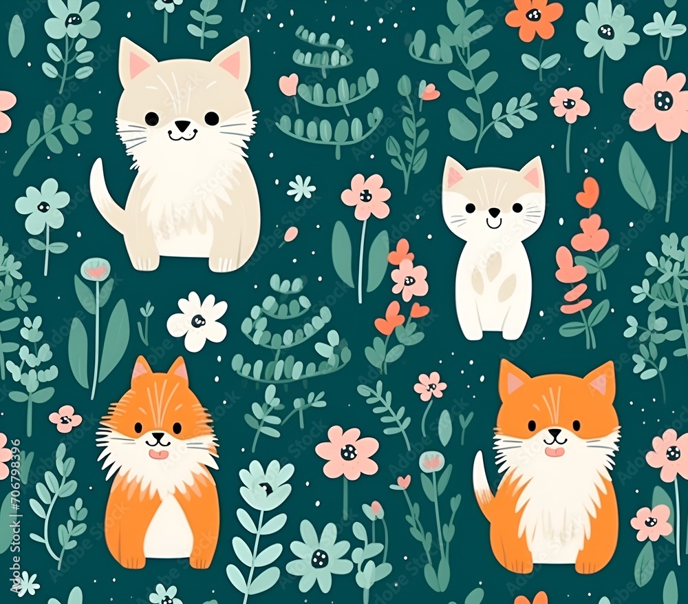 seamless pattern with cats and flowers