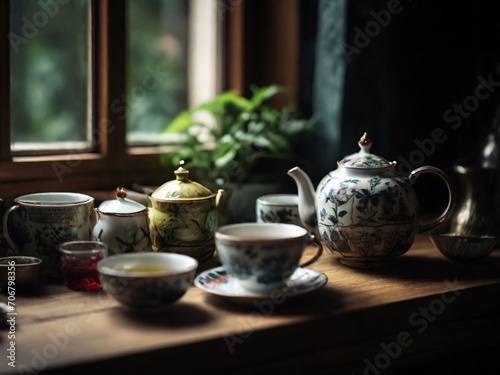 Tea set on a wooden table in a rustic style, selective focus. Created using generative AI tools