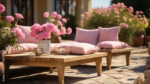 Wallpaper Mural Pink white striped garden furniture on wooden terrace with pink flowers Torontodigital.ca