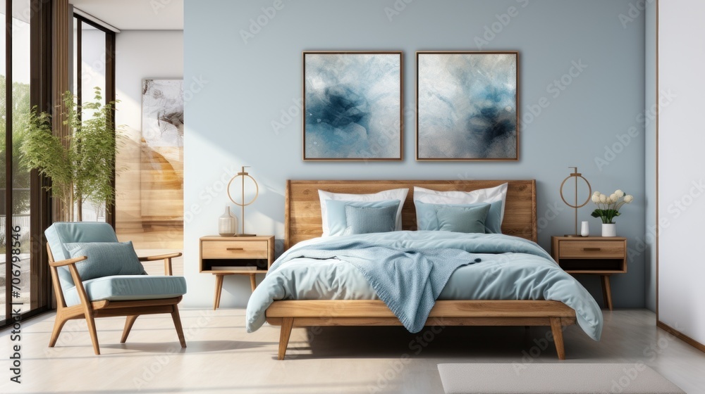 Fototapeta premium Blue pillows on white bed in bedroom interior with armchair