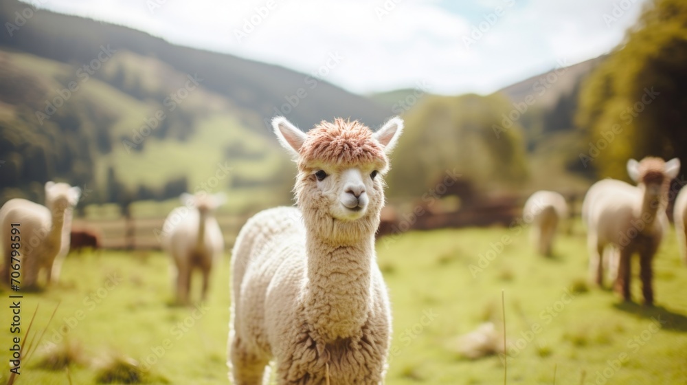 Fototapeta premium A verdant mountainside farm, home to a thriving community of woolly llamas and alpacas, providing the raw materials for cozy sweaters and blankets.