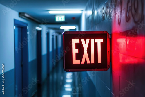 The Exit sign glowing in red shows the word EXIT to doorway. Generative AI.