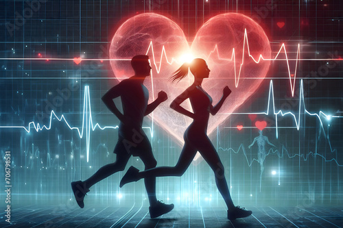 Man and woman run jogging silhouette with ECG light in heart background, Health care and lifestyle concept © Tipakorn