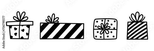 Gift box vector icon set. Containers with bow, ribbon. Black and white presents are packed in wrapping paper with hearts, stars, stripes. Hand drawn doodle, holiday sketch. Surprise for party, event