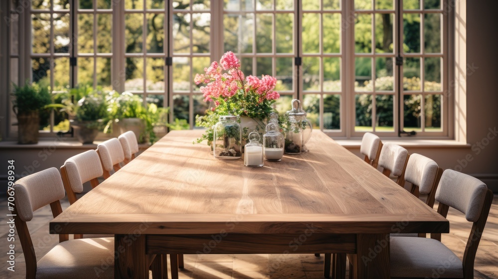 Fototapeta premium Bright and spacious dining area with large wooden table