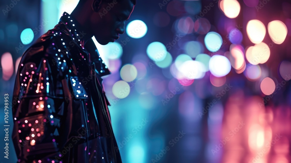 Nightlife ready Stand out in the dark with a jacket embellished with LED lights, a smart tshirt, and hightech sneakers that will have heads turning as you hit the town. - obrazy, fototapety, plakaty 
