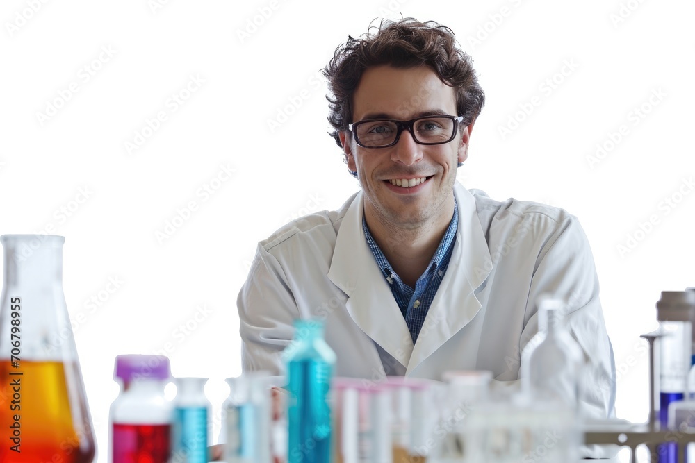 Innovative scientist with lab equipment, smiling, on a clean, white scientific backdrop. Innovative scientist with lab equipment, smiling, on a clean, white scientific backdrop.