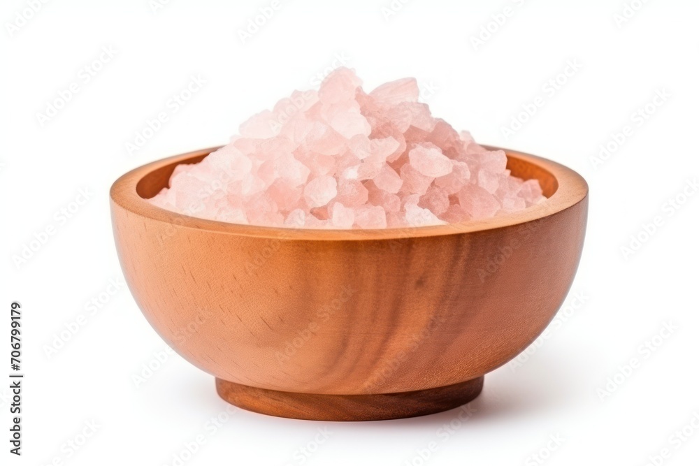 Pink Himalayan salt in a wood bowl isolated on white Pink Himalayan salt in a wood bowl isolated on white
