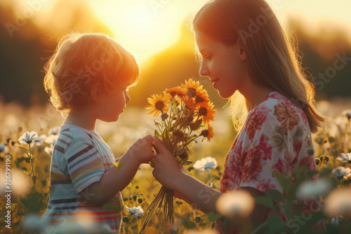 happy mother's day, child son gives flowers for mother on holiday