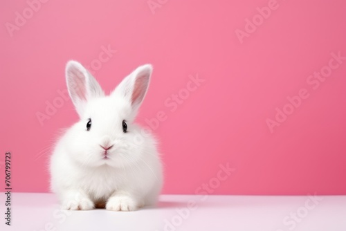 Cute white rabbit on pink background with copy space for text © Muh