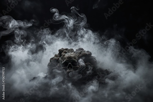 Defocused smoke on a dark Halloween background obscures foggy cement