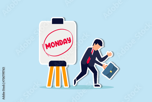 Monday blues, tired and fear of routine office work, depression or sadness worker, sleepy and frustrated on Monday morning, tired and sleepy businessman going to work with calendar showing Monday.