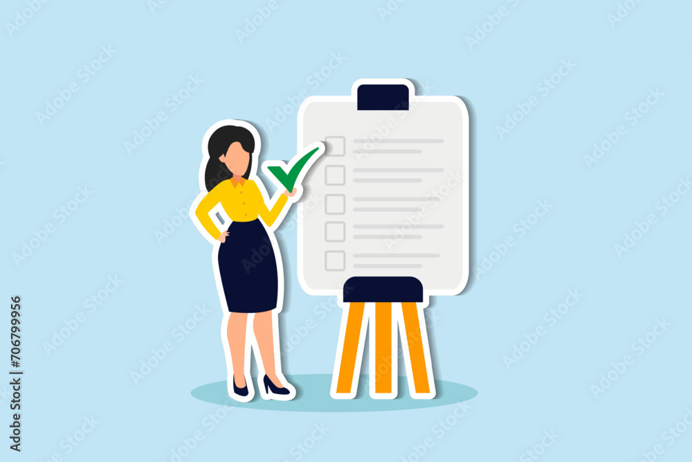 Self assessment, evaluate yourself for personal development or work improvement concept, woman giving check on checkbox in achievement list notepad paper.
