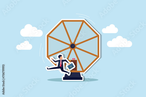 Exit rat race, breaking work routine escape from disappoint paychecks or toxic daily work environment concept, confident smart businessman running from opening exit door from trapped rat race wheel.