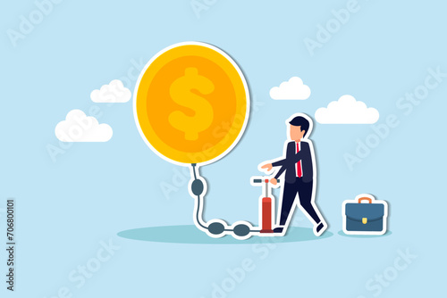 Inflation in world causing by energy shortage, interest rate policy to reduce inflation, Dollar recession or money devaluation concept, businessman inflate air pump into floating Dollar money coin.