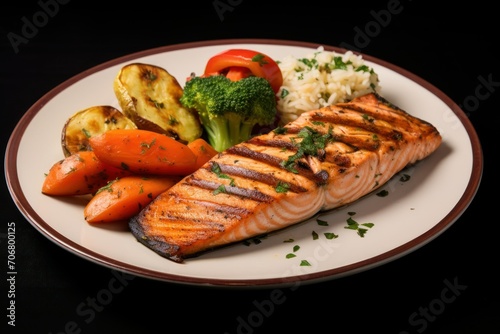 Grilled salmon with roasted vegetables and rice