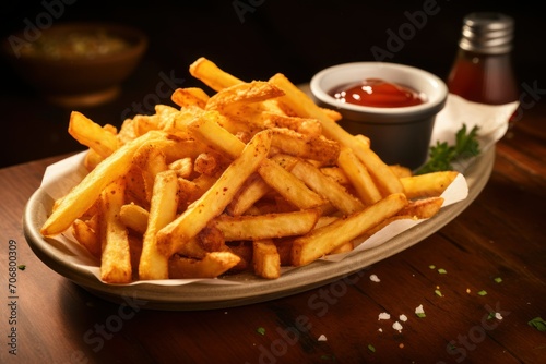 Hot crispy fries on the table