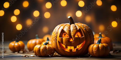 Halloween pumpkin on yellow orange background on spooky wooden table © VisualVanguard