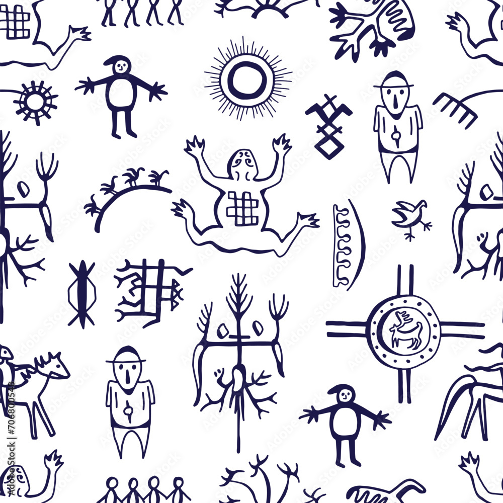 Seamless pattern with northern styled ornament and doodle elements of unuit, chukchi, American native art, mystical emblems Seamless pattern with northern styled ornament and doodle elements of unuit, chukchi, American native art, mystical emblems
