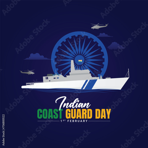 Indian Coast Guard Day is observed on 1 February every year to honor the important role that the organization plays Editable Vector Illustration, Indian Coast Guard patrolling surveillance boats