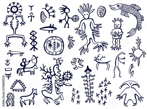 Design sketch set with northern styled ornament and doodle elements of unuit, chukchi, American native art, mystical emblems