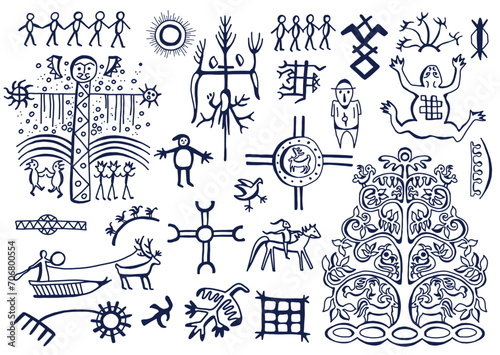 Design sketch set with northern styled ornament and doodle elements of unuit, chukchi, American native art, mystical emblems