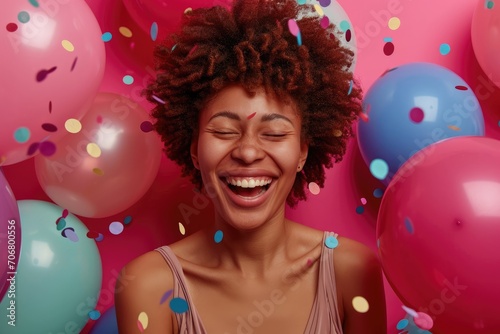 Joyous woman with balloons, celebrating a moment, on a festive magenta background.