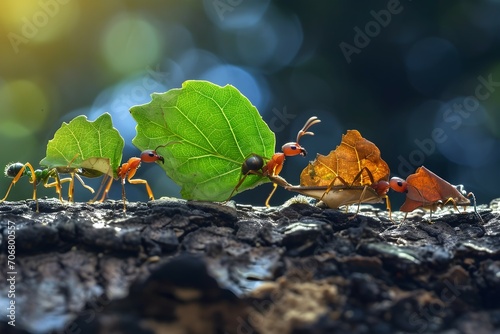 Ants are carrying leaves to make nests