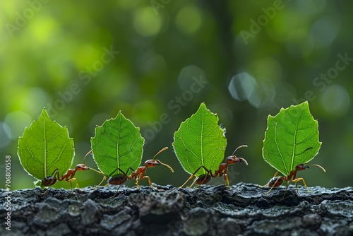 Ants are carrying leaves to make nests photo