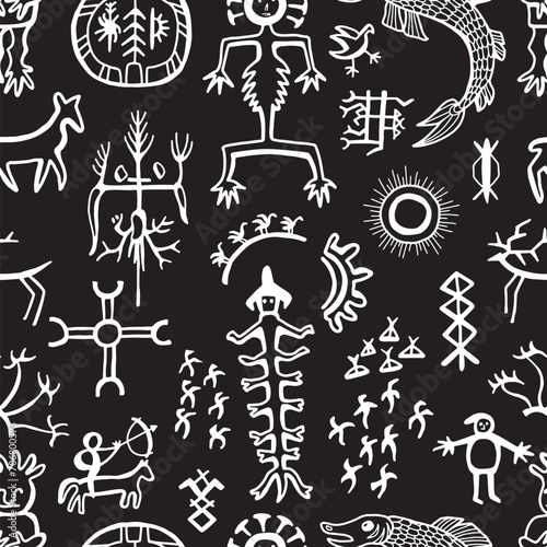 Seamless pattern with northern styled ornament and doodle elements of unuit, chukchi, American native art, mystical emblems