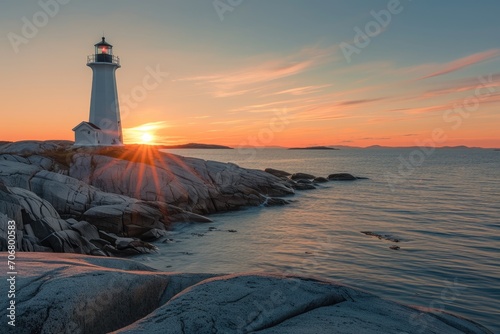 Lighthouse standing on a rocky shore during sunset